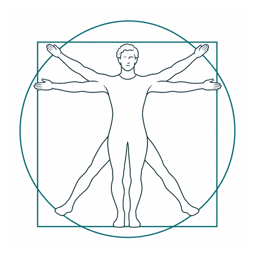 A Vitruvian figure with outstretched limbs inside a circle and square